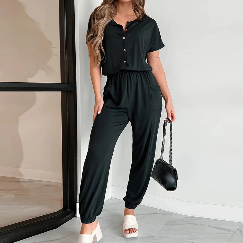 Koisoon Women Fashion O-neck Button Long Romper Casual Pencil Pants Pocket Solid Playsuit Overalls Elegant Elastic Waist Loose Jumpsuit