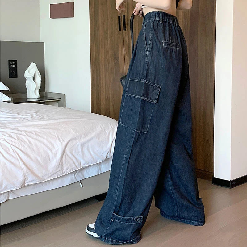 Koisoon Vintage Women Denim Cargo Pants Fashion Streetwear Loose Wide Leg Pants Korean Casual All Match Female Straight Jeans