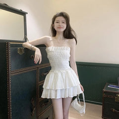 Koisoon Fashion Folds Women Dress Summer Casual Sexy Off Shoulder Female Mini Dresses Y2K Korean Cute Prom Dresses Dress New