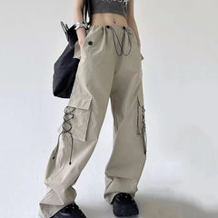 Koisoon Streetwear Women Cargo Pants Casual All Match Lace Up Loose Wide Leg Pants American Style Female High Waist Trousers New