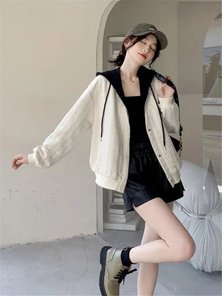 Koisoon Spring Autumn New Baseball Uniform Coat Women Fashion Design Sense Fake Two Coats Female Hooded Loose Large Size Bomber Jacket