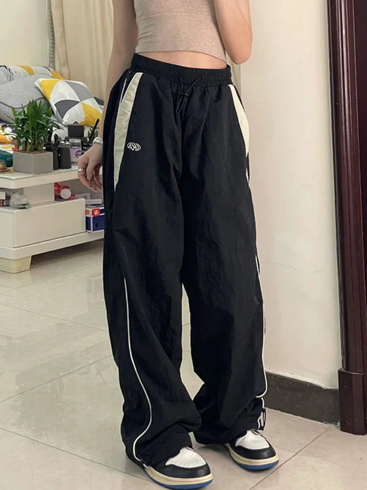 Koisoon Women Spring Retro Solid Loose Drawstring Trousers Casual Joggers Baggy Wide Leg Sweatpants Mid Waist Sporty Y2k Female Clothes