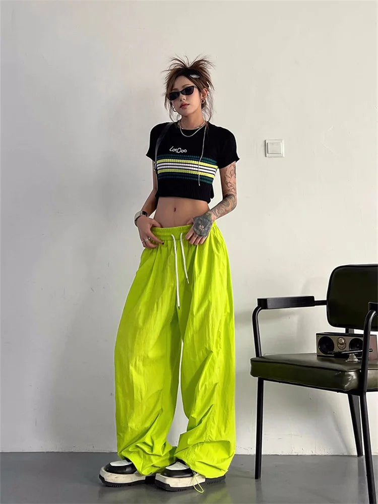 Koisoon American Retro Green Parachute Pants Women Y2K Streetwear Pink Track Trousers Oversized Harajuku Quick Dry Gray Sweatpants