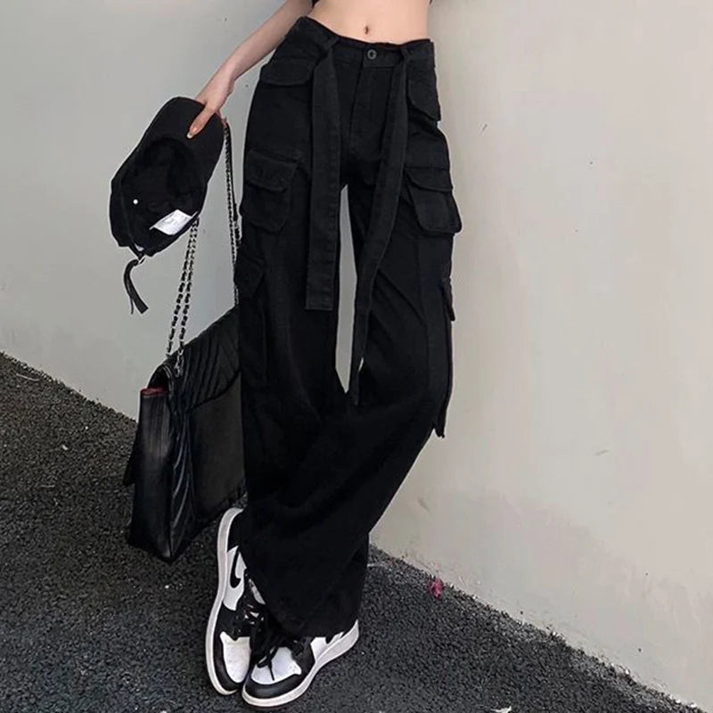 Koisoon Hip Hop Women Cargo Pants American Retro Belt Loose Wide Leg Pants Y2K Spring Streetwear Female Black Pockets Trousers New