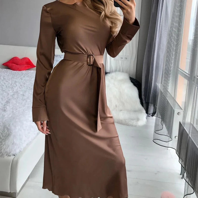 Koisoon Elegant Women Slim O-Neck Satin Dresses Female Chic Casual Long Sleeve Long Dress with Belt Luxury Solid Bag Hip Party Dress