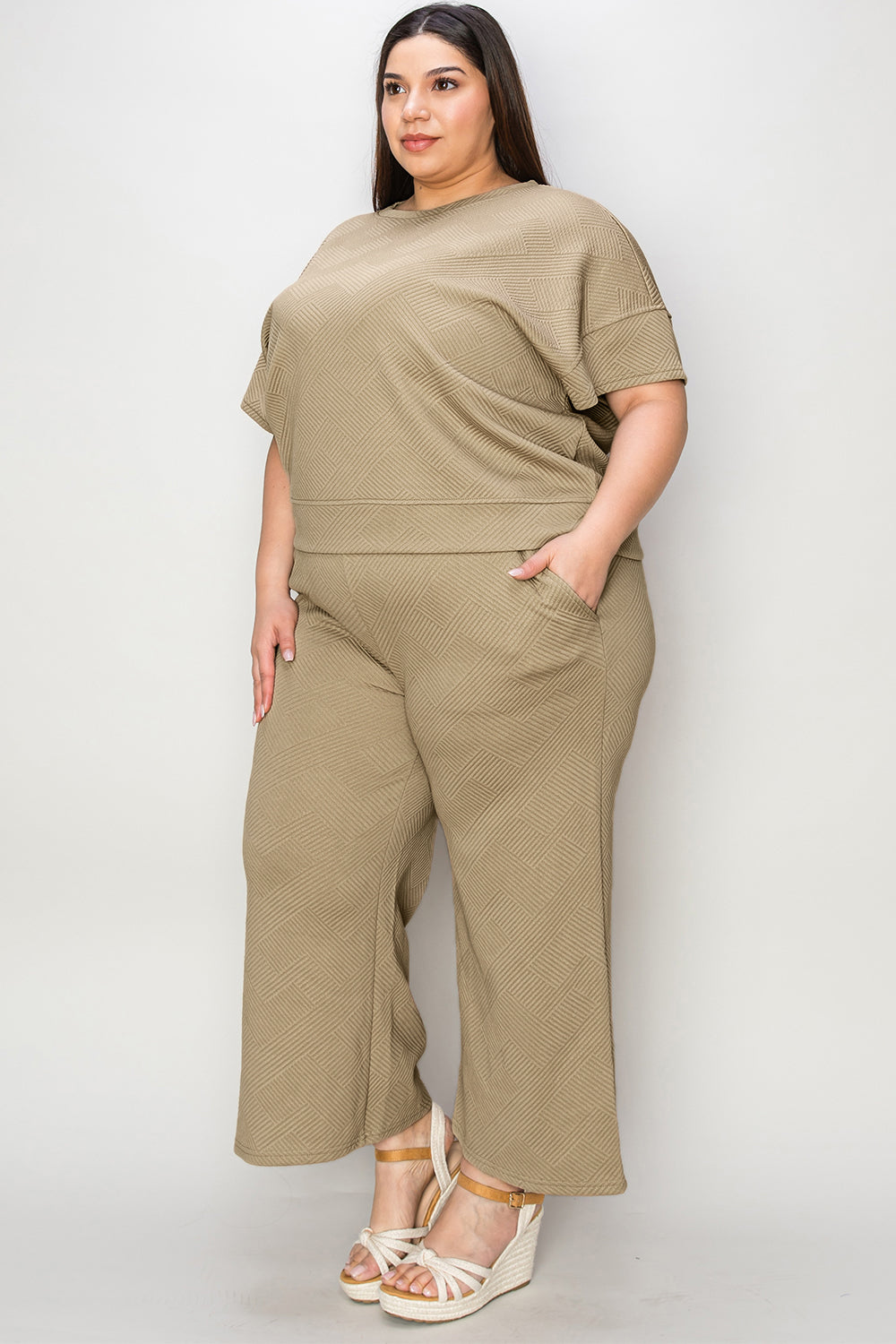 Koisoon Full Size Texture Short Sleeve Top and Pants Set