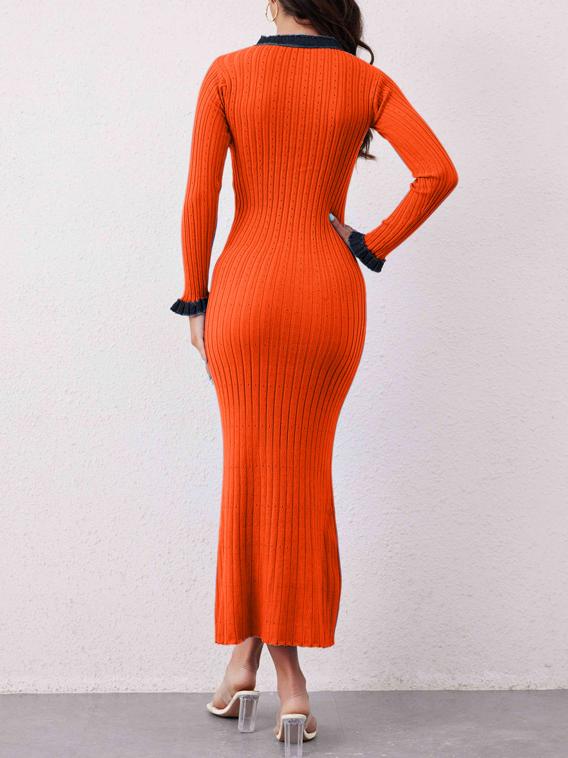 Koisoon Contrast Trim Round Neck Long Sleeve Sweater Dress