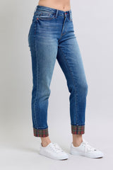 Koisoon Blue Full Size Plaid Print Cuff Straight Leg Jeans with Pockets