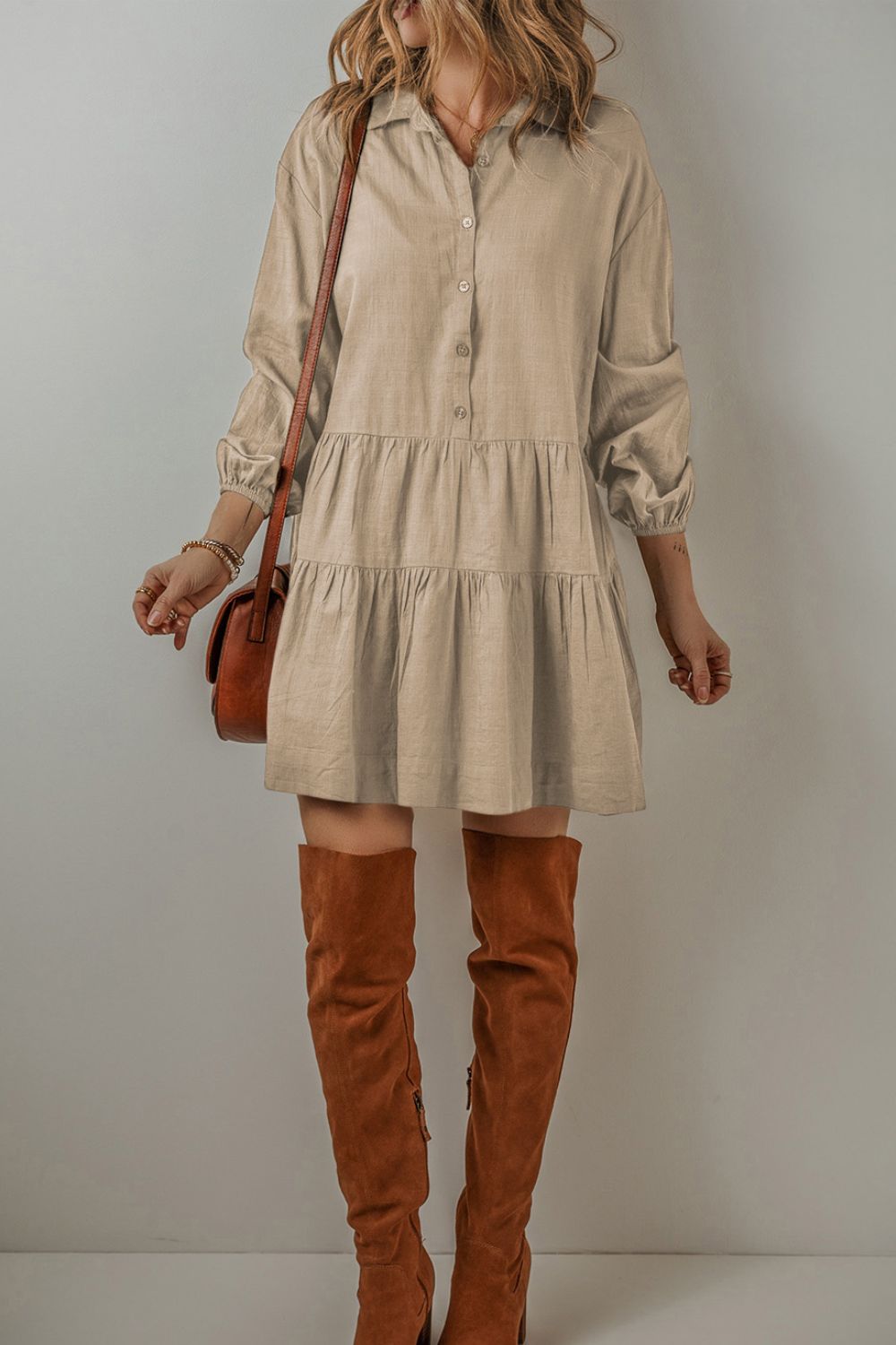 Koisoon Collared Neck Balloon Sleeve Shirt Dress