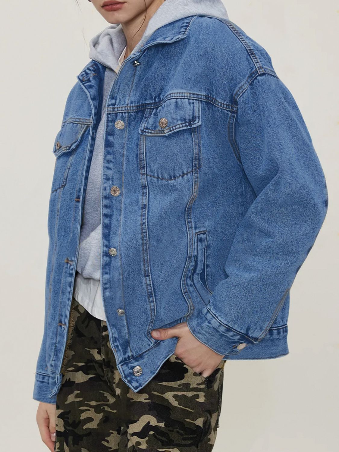 Koisoon Button Up Collared Neck Long Sleeve Denim Jacket