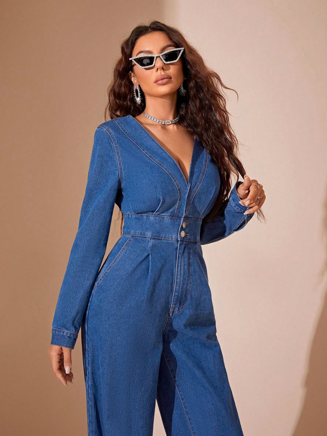 Koisoon  Long Sleeve Wide Leg Denim Jumpsuit