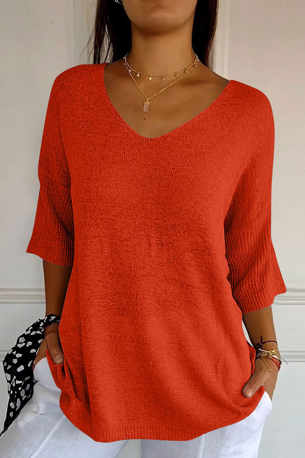 Koisoon V-Neck Three-Quarter Sleeve Knit Top