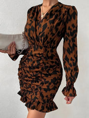 Koisoon Ruched Ruffled Leopard Surplice Long Sleeve Dress