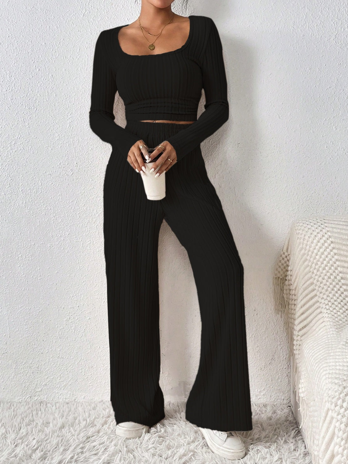 Koisoon Scoop Neck Long Sleeve Top and Pants Set