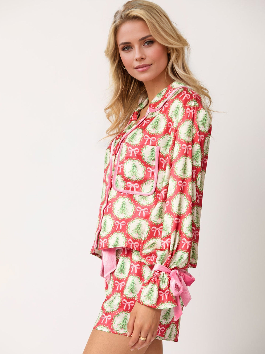 Koisoon Tied Printed Collared Neck Long Sleeve Top and Shorts Set