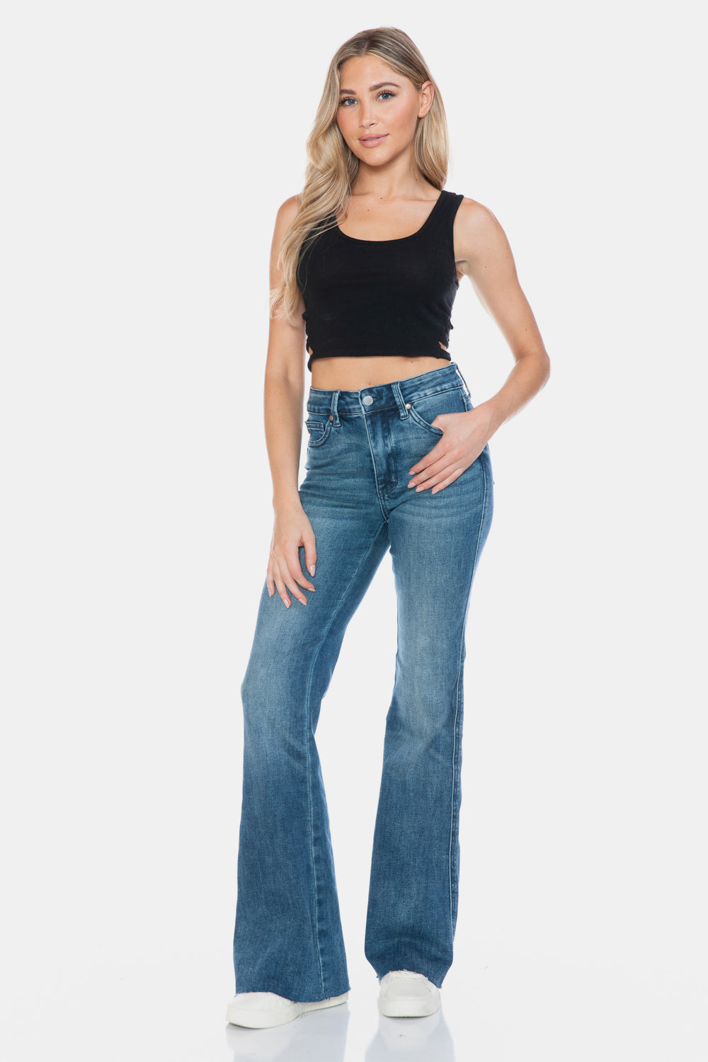 Koisoon Blue Full Size Tummy Control Cut Hem Flare Jeans