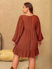 Koisoon Plus Size Embroidered Tie Neck Balloon Sleeve Mini Dress