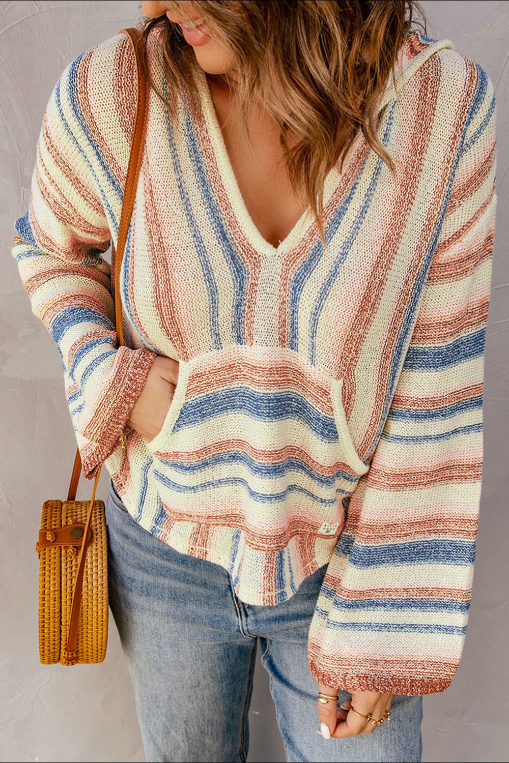 Koisoon Striped Dropped Shoulder Hooded Knit Top