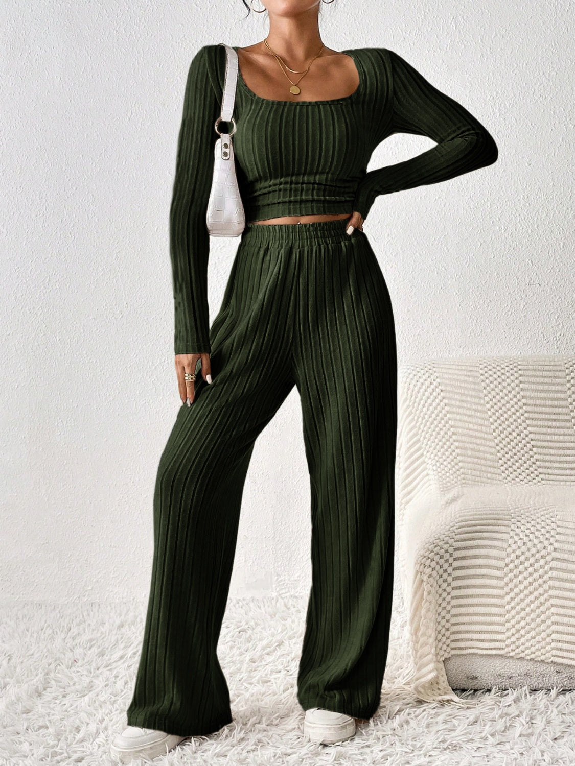 Koisoon Scoop Neck Long Sleeve Top and Pants Set