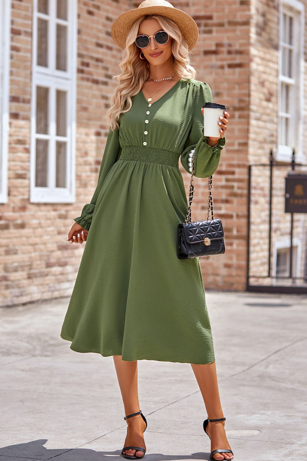 Koisoon V-Neck Flounce Sleeve Midi Dress