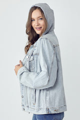 Koisoon Full Size Distressed Drawstring Hooded Denim Jacket