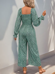 Koisoon Smocked Printed Long Sleeve Wide Leg Jumpsuit