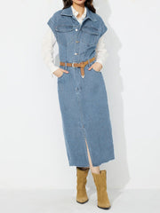 Koisoon Slit Half Button Collared Neck Cap Sleeve Denim Dress