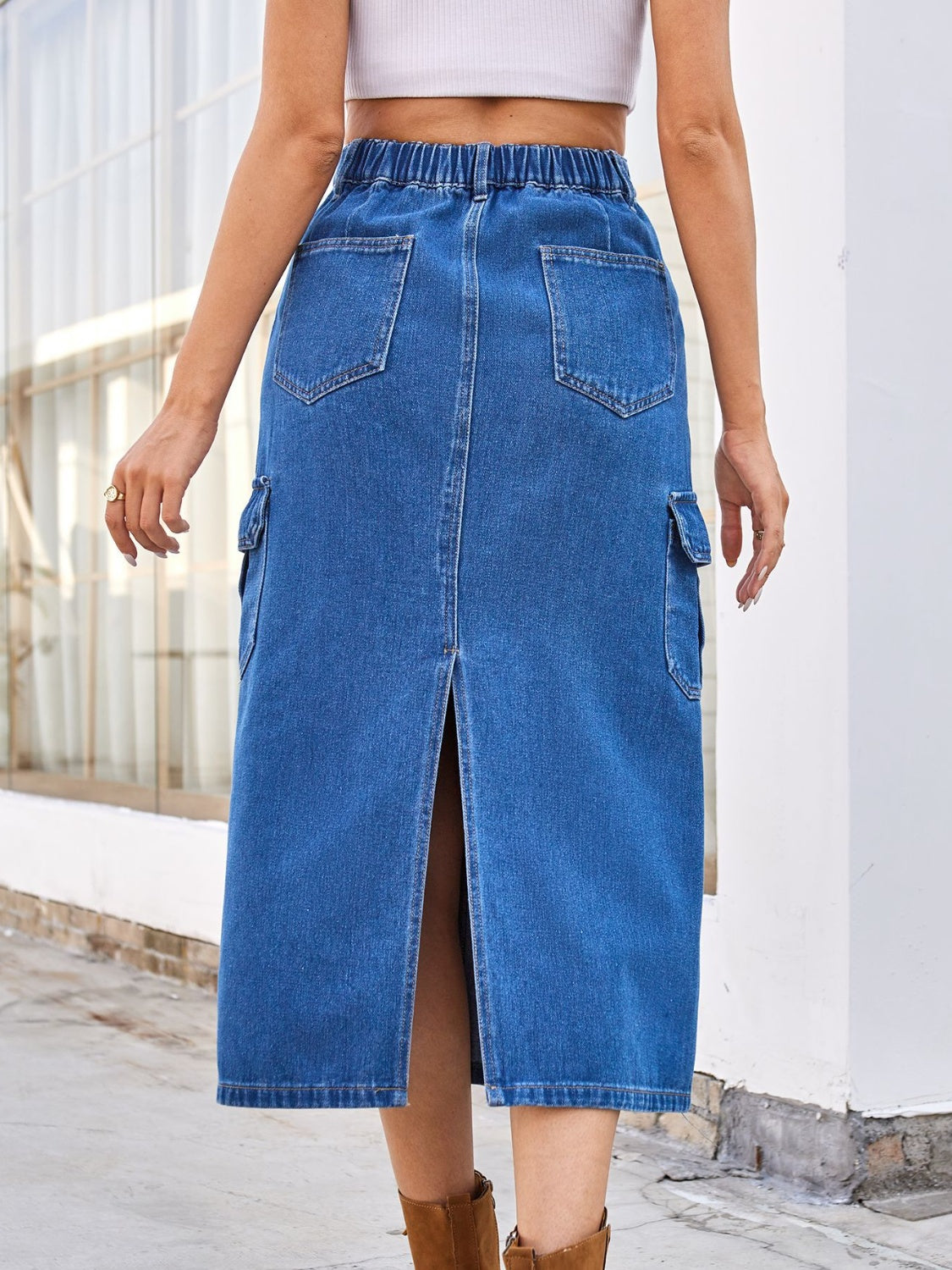 Koisoon Slit Midi Denim Skirt with Pockets