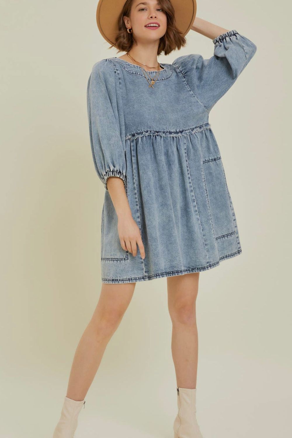 Koisoon Round Neck Balloon Sleeve Denim Dress