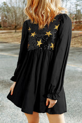 Koisoon Sequin Star Round Neck Flounce Sleeve Mini Dress