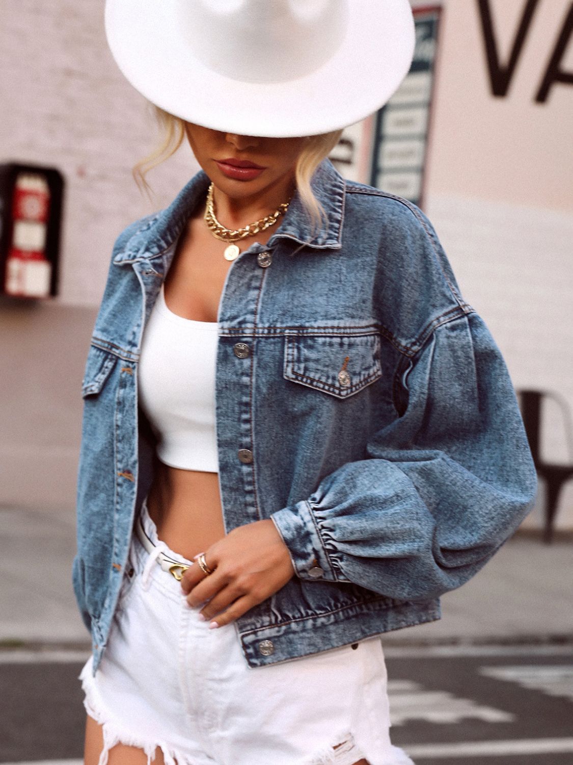 Koisoon Collared Neck Dropped Shoulder Denim Top