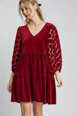 Koisoon  Dotted Lace Sleeve Tiered Velvet Mini Dress