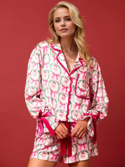 Koisoon Tied Printed Collared Neck Long Sleeve Top and Shorts Set