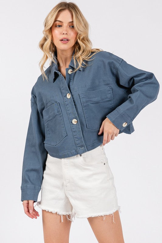 Koisoon Button Down Cropped Denim Jacket with Patch Pockets