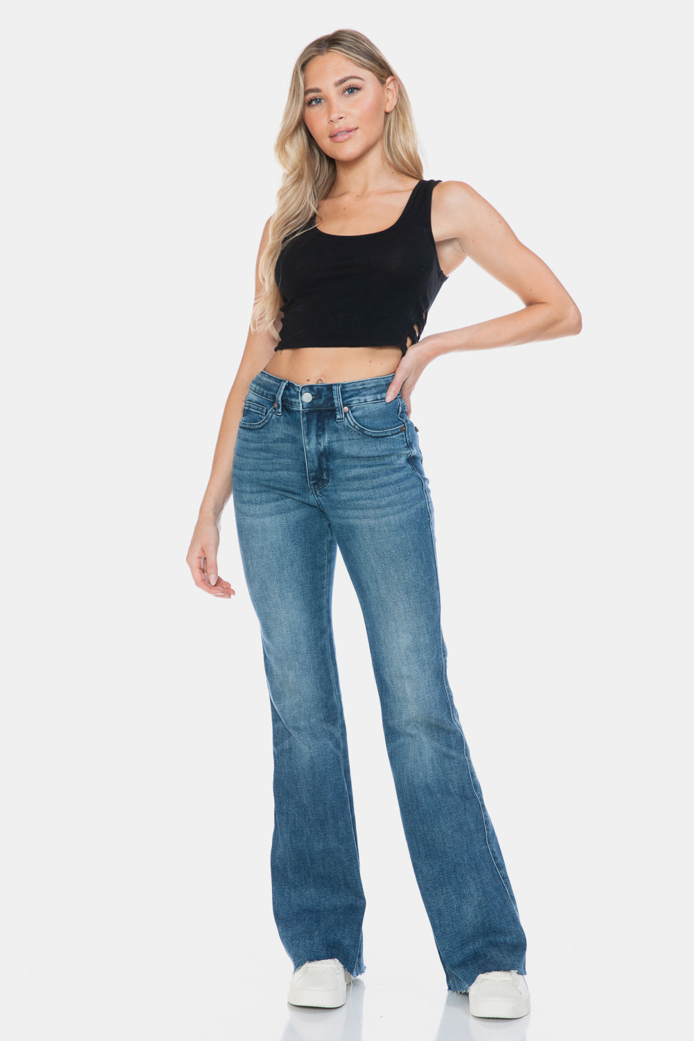 Koisoon Blue Full Size Tummy Control Cut Hem Flare Jeans