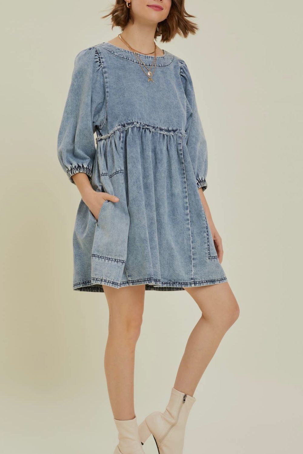 Koisoon Round Neck Balloon Sleeve Denim Dress