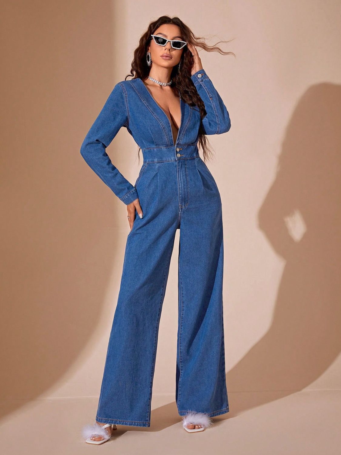 Koisoon  Long Sleeve Wide Leg Denim Jumpsuit