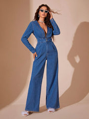 Koisoon  Long Sleeve Wide Leg Denim Jumpsuit