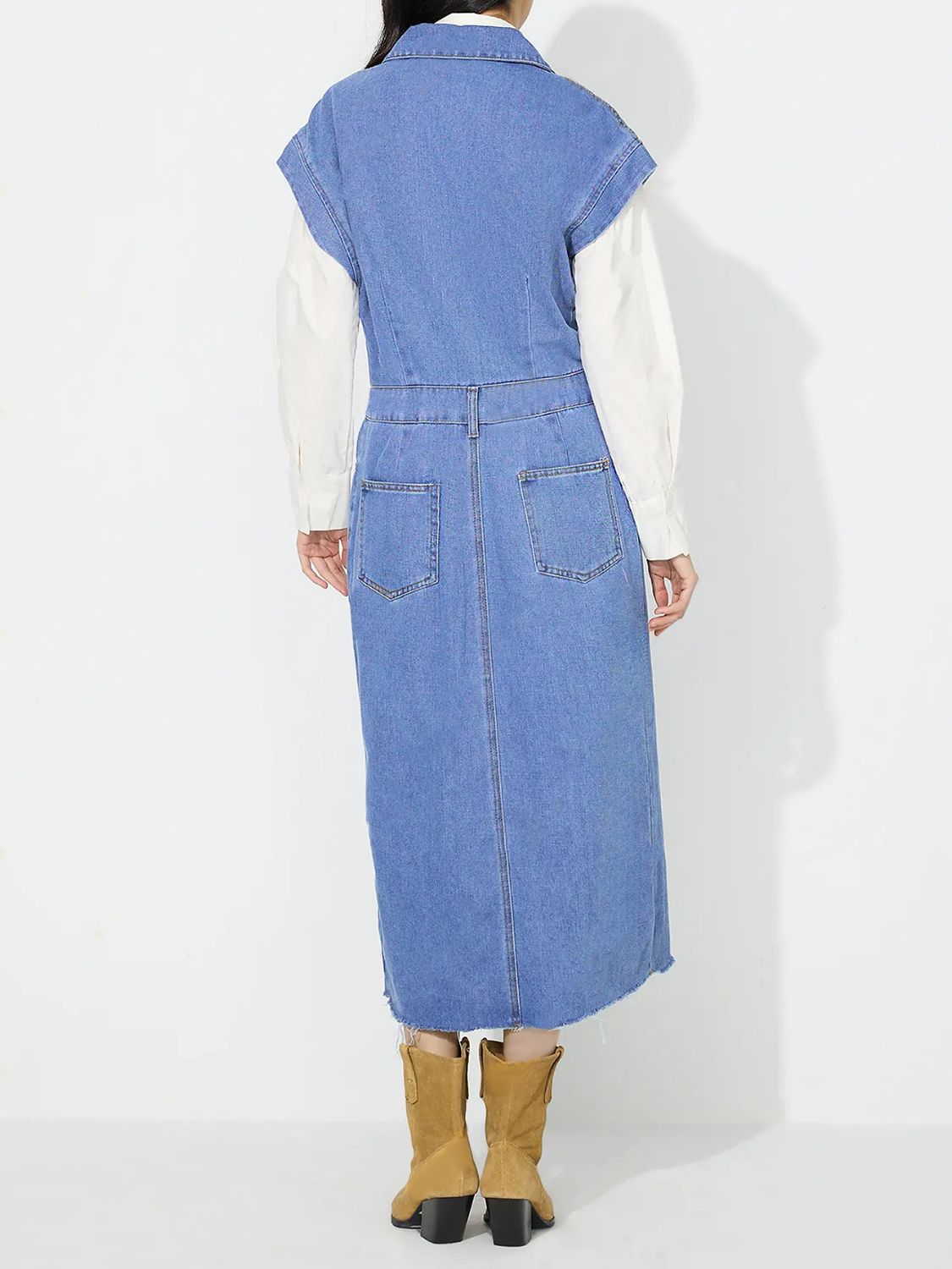 Koisoon Slit Half Button Collared Neck Cap Sleeve Denim Dress