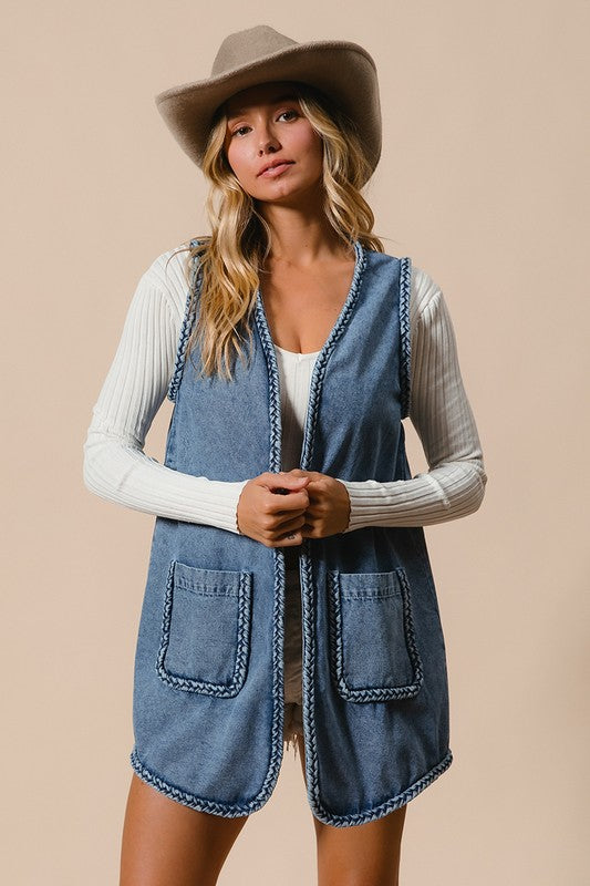 Koisoon Braided Trim Open Front Denim Vest with Pockets