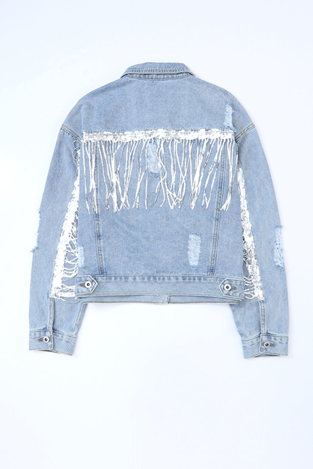 Koisoon Sequin Fringe Trim Distressed Button Up Denim Jacket