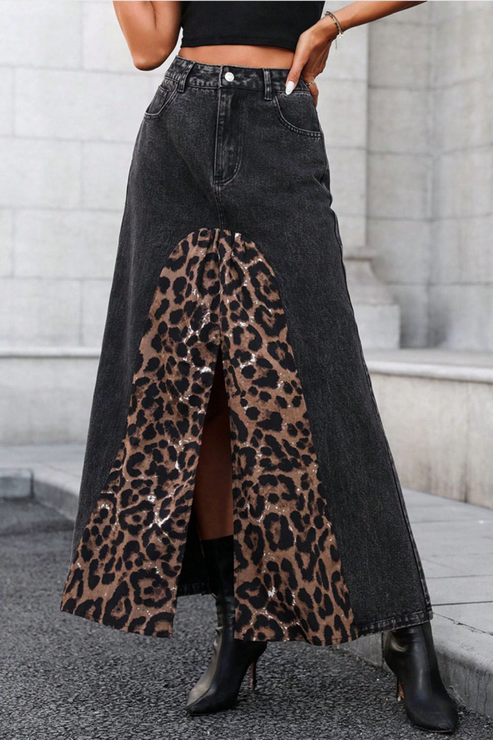 Koisoon Slit Leopard Midi Denim Skirt