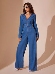 Koisoon  Long Sleeve Wide Leg Denim Jumpsuit