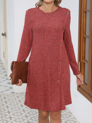 Koisoon Decorative Button Round Neck Long Sleeve Dress