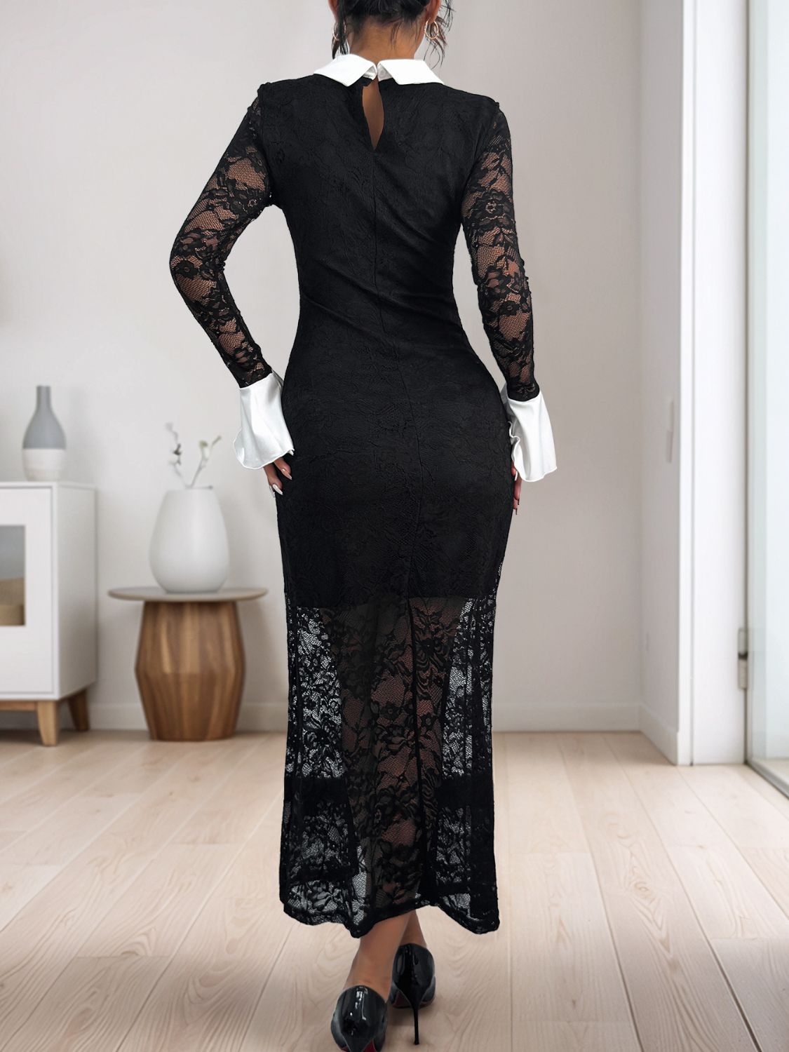 Koisoon  Lace Contrast Collared Neck Long Sleeve Midi Dress