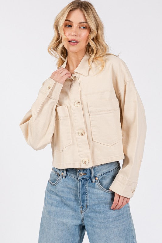 Koisoon Button Down Cropped Denim Jacket with Patch Pockets