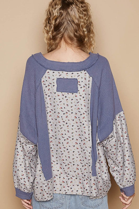 Koisoon Waffle Knit Floral Notched Long Sleeve Top