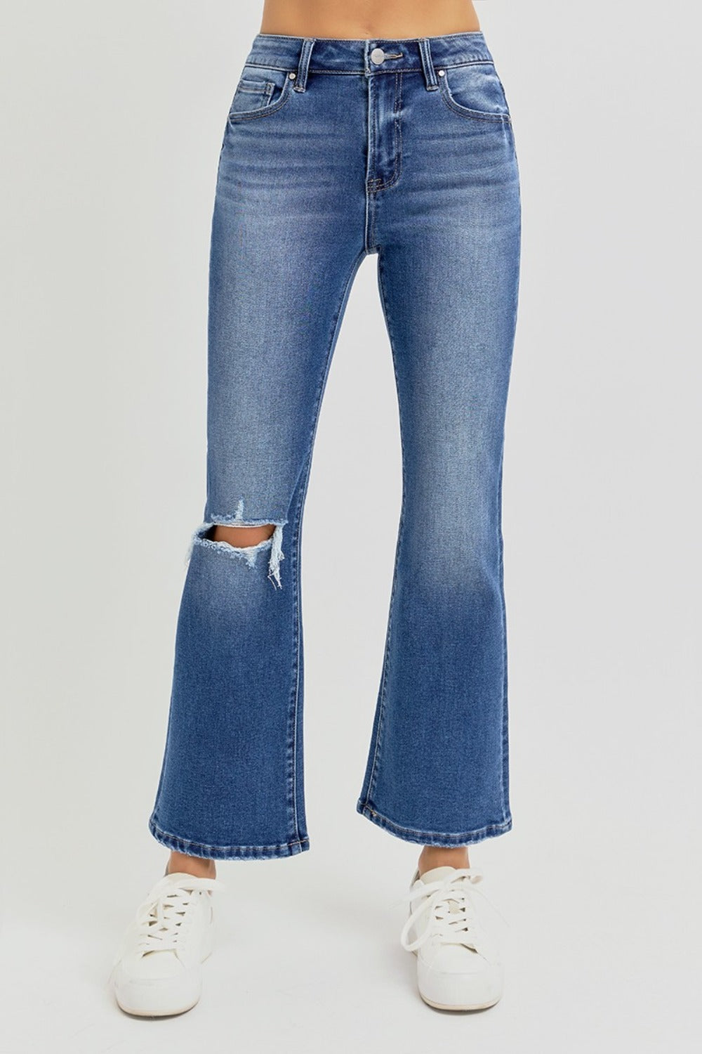 Koisoon Full Size Distressed High Rise Crop Flare Jeans