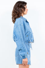 Koisoon American Bazi Drawstring Waist Crop Denim Jacket