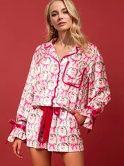 Koisoon Tied Printed Collared Neck Long Sleeve Top and Shorts Set